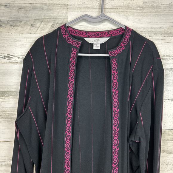 Ming Wang Size XL Black Knit Open Cardigan Jacket Satin Ruffle Trim Braided - Picture 4 of 8